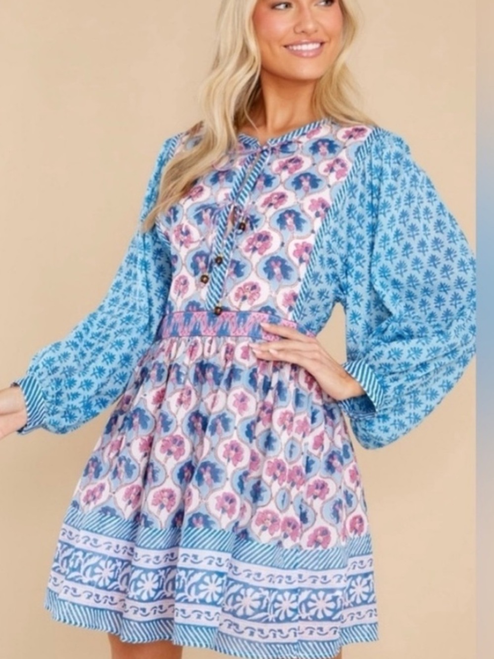 Oliphant Tie Front Balloon Mini Dress Iris Blue Medium Floral Print Long Sleeve